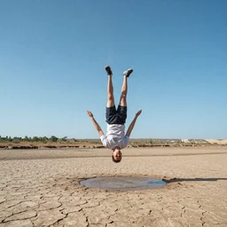 Upside-down slow motion rain in a cloudless sky, sunny weather, above a dried-up river in a desolate land, hyper detailed photorealistic