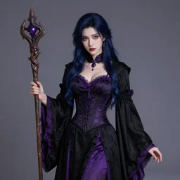 Pretty Sorceress, wearing Black and purple robes, Dark blue hair, magic wooden staff, fully covered, corset, Dark fantasy, romantic lead, pretty face, trending by artstation, artstationhd, artstationhq, matte painting, 8k UHD