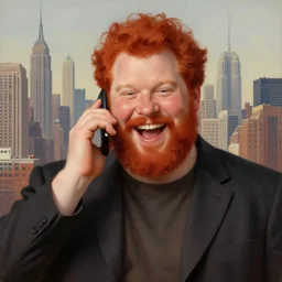 a fat redheaded man with beard laughing and talking on a cell phone manhattan skyline in the background, portrait, intricate, elegant, highly detailed, centered, digital painting, artstation, concept art, smooth, sharp focus, illustration, art by art germ and donato giancola and Joseph Christian Leyendecker