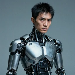 grainy photo of an ugly man, asian, wearing bionic implants, cyborg criminal,