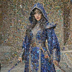 photograph of a real-life beautiful assassin with ornate lapis lazuli robes and daggers.  Extremely detailed. 8k