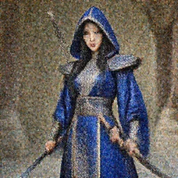 photograph of a real-life beautiful assassin with ornate lapis lazuli robes and daggers.  Extremely detailed. 8k