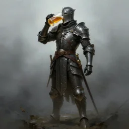 knight drinks beer, beer, glass, beer mug in hand, intricate, triumphantly, foggy background, full body art, dark souls, drawing, concept art, artstation, smooth, sharp focus, digital painting, art by artgerm and greg rutkowski