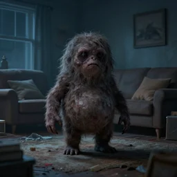 a short humanoid lump of hair and skin in a living room at night, horror concept art