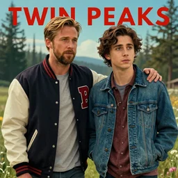 Twin Peaks romance movie poster artwork by Michael Whelan and Tomer Hanuka, Rendering of Ryan Gosling wearing letterman jacket and Timothée Chalamet wearing denim jean jacket from scene from Twin Peaks, full of details, by Makoto Shinkai and thomas kinkade, Matte painting, trending on artstation and unreal engine