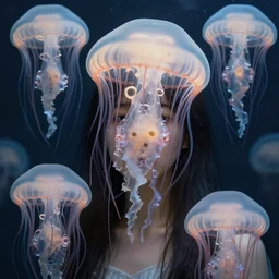 surreal tsunami of jellyfish faces, hyper realistic, highly detailed, maya ying lin