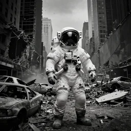 american white spacesuit astronaut with oversized helmet in postapocalyptic abandoned destroyed times square, destroyed buildings, destroyed flippde cars, giant crater in distance, heavy vignette!, specks, dirty, stains, dramatic dark, grayscale 1 9 0 0 s picture