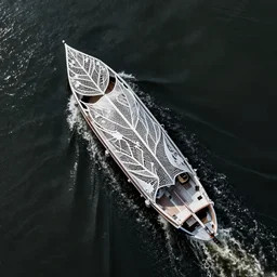 the wake of a boat, made of intricate decorative lace leaf skeleton, shot from a drone, in the style of the dutch masters and gregory crewdson, dark and moody