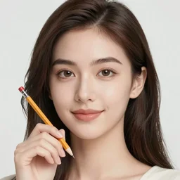 digital art of portrait of a woman holding a pencil, inspired, head and shoulders, concept art, white background, cute pixar character