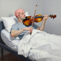 painting of a musician woken up midway through brain surgery to play the violin in the style of zdzisław beksinski