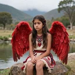 Teenager Harpy-Girl, red feathered wings, wearing Inka clothes, sad expression, sitting at a pond, mountainous area, trees in the background, trending on artstation