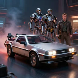a cinematic shot of a bttf delorean, bttf delorean, mr fusion, octane render, volumetric lighting, nvidia raytracing demo, by Andy Thomas, Mario Martinez, Daniel Mirante, Gustave Dore, Artstation, CGsociety, masterpiece