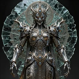 scary robot deity, god, religious art, metallic colors, broken glass, fractals, insane details, intricate, elite, ornate, elegant trend, highly detailed and intricate, sharp focus, photography, unreal engine, trending on artstation, photorealistic, octane, hyper detailed, trending on deviantart