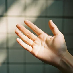 3 5 mm photo of a hand illuminated by sunlight. kodak gold iso 2 0 0 f 2. 8. the background is a blurry, tiled setting. award winning. 4 k, 8 k. subtle film grain.