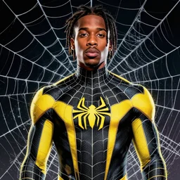 upper body portrait of wiz khalifa!, wearing a spider man suit, black and yellow, surrounded by webs, symmetry, vivid, intricate, comic book, artwork by marvel studios, trending on artstation