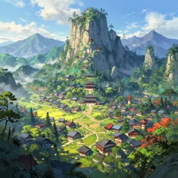 a powerful japanese village high in mountains, concept art by laurie greasley and greg rutkowski, fantastic landscape, 8 k, vivid colors,