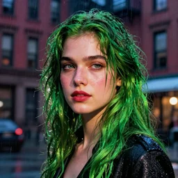 night flash portrait photography of a young woman with green hair on the lower east side by annie leibovitz, raining!!! colorful!, nighttime!,