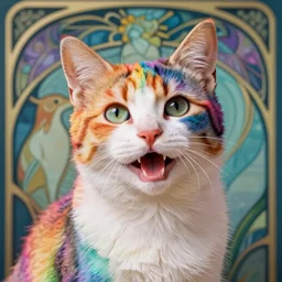 portrait friendly cute happy stylish realistic rainbow cat. background in the style of art nouveau. lively. colorful. hd.