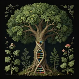 beautiful ( human dna! ) merged into fantasy ( tree of life ), botanical illustration, enchanted botany, dark background, by marianne north, medieval herbal, by android jones, digital matte painting, very coherently symmetrical