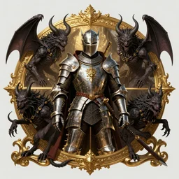 portrait of a Knight surrounded by demons, Dark Souls 3 themed, insanely detailed and intricate, golden ratio, elegant, ornate, luxury, elite, ominous, haunting, matte painting, cinematic, cgsociety, James jean, Brian froud, ross tran, Laputa