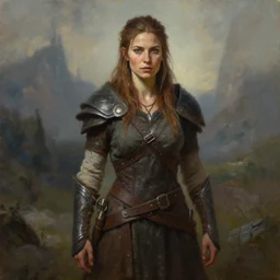 a full body high detail fantasy portrait oil painting illustration of maya hawke as a rugged stoic barbarian woman by justin sweet with face and body clearly visible, in a scenic background, beautiful eyes, realistic proportions, d & d, rpg, forgotten realms, artstation trending, high quality, sombre mood, artstation trending, muted colours, entire person visible!, natural light,