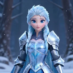 portrait focus of knight beautiful 3D anime girl, Frozen ice armor wearing, dark forest background, snowing, bokeh, inspired by Masami Kurumada, digital painting, high contrast, unreal engine render, volumetric lighting, high détail