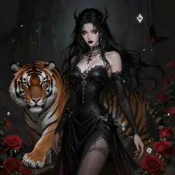 dark fantasy female dark sorceress, with a tiger, roses, diamonds, atmospheric, highly detailed, qichao wang, artgerm, cushart krenz, zeronis, trending on artstation, soft light, sharp edges, illustration, character design, concept art