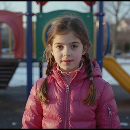 Home video footage, A girl playing in the playground, winter. Color VHS picture quality with mixed noise, Filmed by dad.