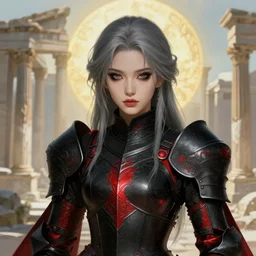 portrait grey hair knights of zodiac girl + smoky eyes, matt black / little red color armor,, ssci - fi and fantasy, intricate and very very beautiful and elegant, highly detailed, digital painting, artstation, concept art, frostbite engine, smooth and sharp focus, illustration, art by tian zi and wlop and alphonse mucha, ( ( in ruined agora of athens background ) )
