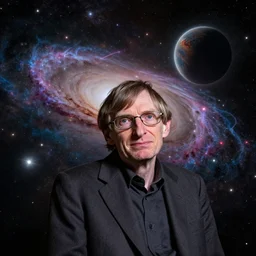 stephen hawking with space in the background, universe, galaxies, planets, black hole, by wlop and ross tran, colorful