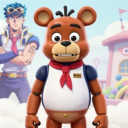 Freddy Fazbear from the game Five Nights at Freddy\'s in the style of Araki Hirohiko, Jojo\'s Bizarre Adventure