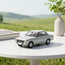 a small miniature of a Ford Cortina 1980 on a white table near a book and a vase with a plant, 3d render, octane render, unreal engine 5, path tracing, serene landscape, calm, relaxing, beautiful landscape, highly detailed, high quality, 4k, symmetrical, low contrast
