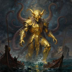 Chtulhu in golden armor with glowing eyes rising from the water, tentacles, broken ships, dark sky, Ivan Aivazovsky, Andrew Wyeth, epic battle, paint texture, 8k, uplight, octane rendered, wow