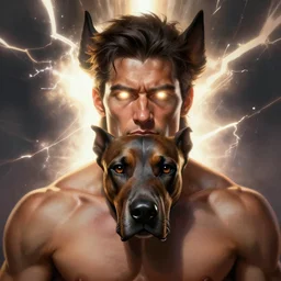 a portrait of an male with a dog head, muscular, lighting strike in the backround, glowing eyes, digital painting, artstation, concept art, donato giancola, Joseph Christian Leyendecker, WLOP, Boris Vallejo, Breathtaking, 8k resolution, extremely detailed, beautiful, establishing shot, artistic, hyperrealistic, octane render, cinematic lighting, dramatic lighting, masterpiece, light brazen, extremely detailed and beautiful face, centered, smooth, sharp focus