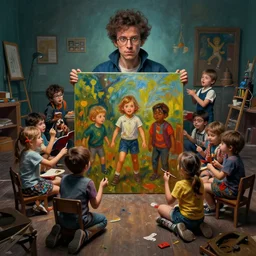 crazy kids in kindergarten among big painting in center, cinematic moody colors, realistic shaded lighting poster by ilya kuvshinov, magali villeneuve, artgerm, jeremy lipkin and michael garmash and rob rey