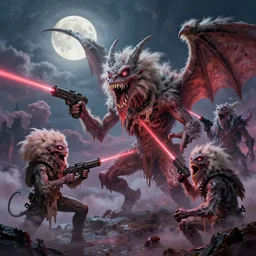 concept art of gargoyle attack, lovecraftian, lots of teeth, melting horror, fluffy feathers, round moon, rich clouds, fighting the horrors of the unknown with laser guns, high resolution, very detailed, colorful