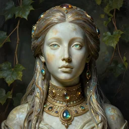 detailed portrait in femininity, cosmopolitan priestess, realistic face carved features, specular eyes, ethnic, statuesque model, faberge skin, fiber optic hair, high collar, opulent, subsurface scattering, jewel, asymmetrical, chiaroscuro, organic impressionism, vine backdrop, natural colors, digital illustration