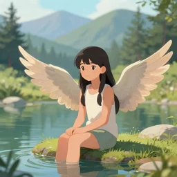 prompt Young girl, with bird wings, sitting at a pond, mountainous area, trees in the background, digital art