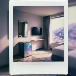 a pastel coloured polaroid photo of a hotel room, hotel mini fridge, mirror, tv, surface, window, view in a hotel room in a dream state alien world. iridescent perspex.