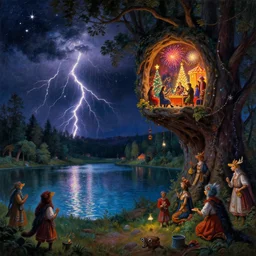 a night carnival around a magical in a summer storm, tree cavity with a music scenario with many fireworks and christmas lights, next to a lake with iridiscent lake water, volumetric lightning, folklore people disguised with fantastic creatures in a magical forest by summer night, masterpiece painted by eyvind earle, scene by dark night environment, refraction lights, five star stories