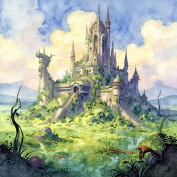 futuristic scifi castle in a lush quagmire. watercolor by award - winning thai comic artist, depth of field, vibrant colors.