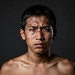 a indio shaman, 5 0 yo, annoyed look, skin pores, scars, skin condition, dark background, studio light, hdr, nikon 5 0 mm f / 1. 8 g, by sebastiao salgado
