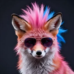 fox, pink and blue mohawk hairstyle, aviator sunglasses, synthwave style, portrait, artstation, detailed, award winning, furry, dramatic lighting