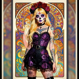 cute punk goth fashion fractal Día de los Muertos tattooed blonde girl posing, psychedelic poster art of by Victor Moscoso Rick Griffin Alphonse Mucha Gustav Klimt Ayami Kojima Amano Charlie Bowater, masterpiece