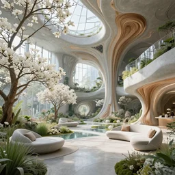 highly detailed biophilic futuristic biomechanical city garden natural beautiful light interior soft cinematic composition of a granite concrete wood nebula fluid white magnolias surreal scifi architecture cyberpunk landscape, furniture, trees, grass, flowers, water, vincent callebaut composition, 8 k, unreal engine, hdr
