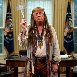 donald trump with hippie hair, hippie clothes, smoking cannabis, standing in the oval office, photorealistic photographed in the style of annie leibovitz, studio lighting