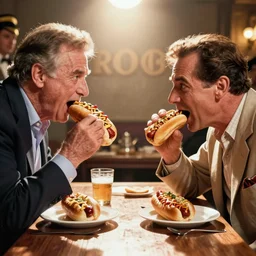 candid photo of Jackie Gleason and Orson Welles in a hot dog eating contest