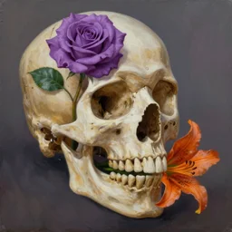 A human skull growing a purple rose and a orange Lilly out of it’s mouth, oil painting, high detail
