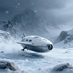 small spaceship on an icy mountain, blizzard, 8k, photorealistic