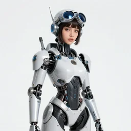 centered portrait photo of flirtatious young lorena herrera as a solarpunk mecha humanoid robotic parts wearing goggles with bright lights, real human face, pudica pose, inside white room, ultra - realistic and detailed, 8 k